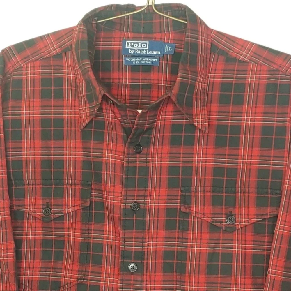 Polo Ralph Lauren Woodsman Workshirt Large Red Plaid Woven Cotton Button Vtg 90s